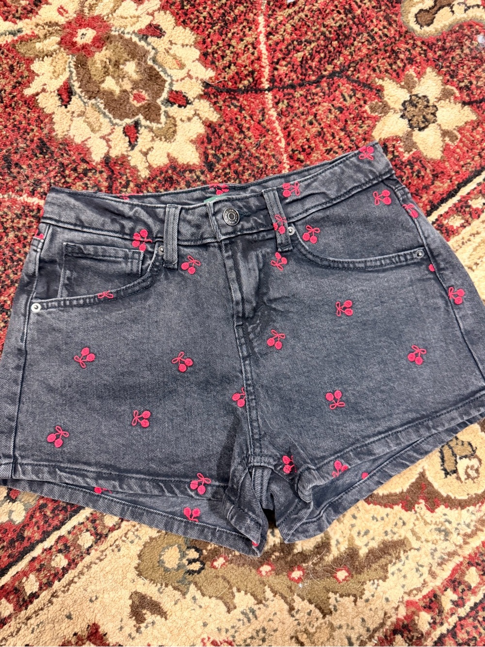 wild fable Black Denim Shorts with Pink Cherry Embroidery